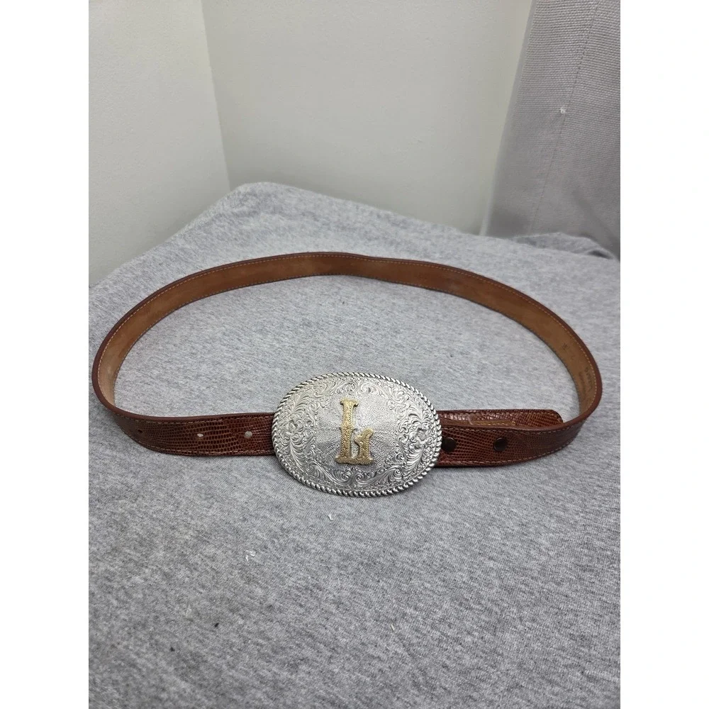 Vintage Crumrine El Arturo Initial L Buckle Lizard Leather Belt Women's Sz 32